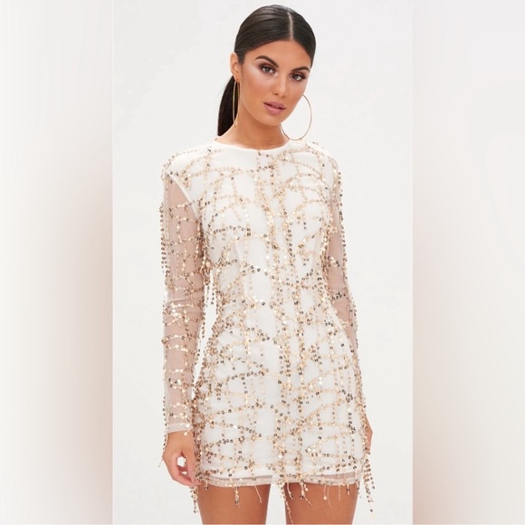 PRETTY LITTLE THING: rose gold sequin long sleeve bodycon dress - Picture 1 of 9
